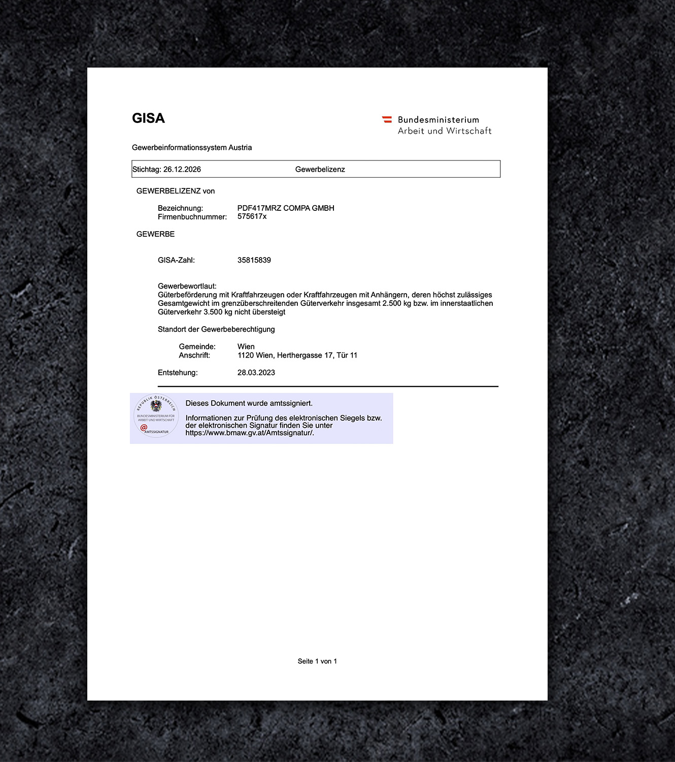 Austria Certificate of Incorporation BL Business License PDF Template