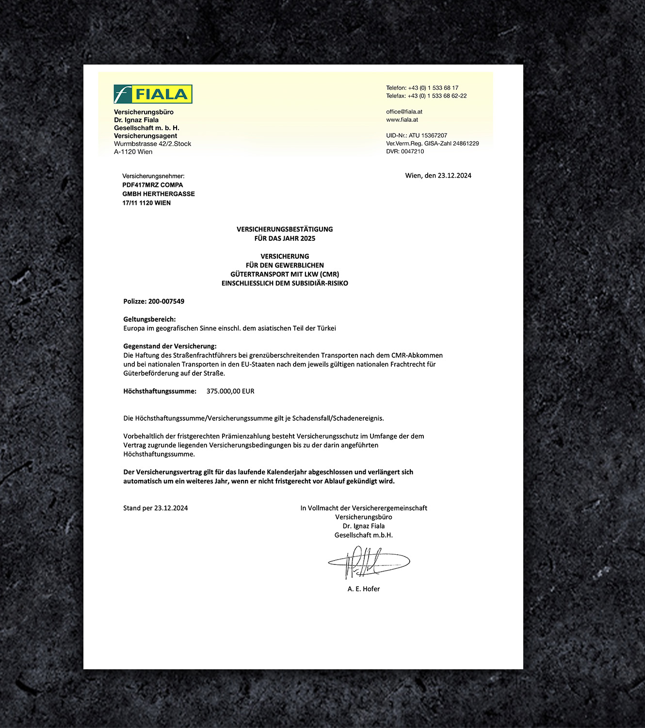Austria Certificate of Insurance PDF Template - 2026