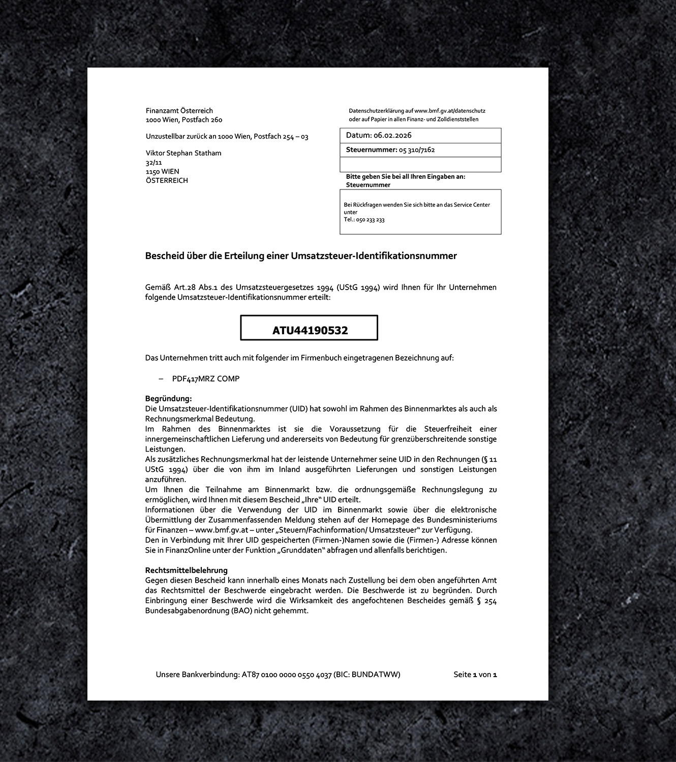 Austria VAT Certificate PDF Template