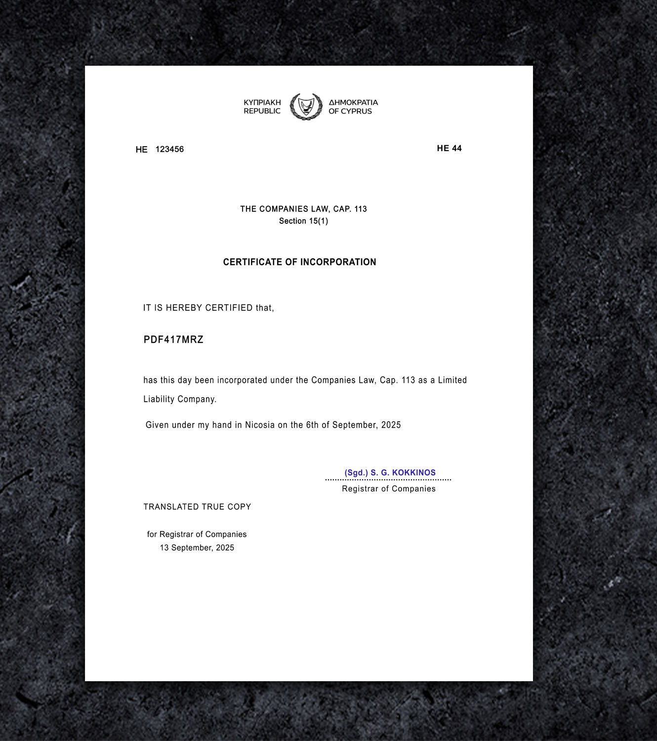 Cyprus Certificate of Incorporation BL Business License PSD Template