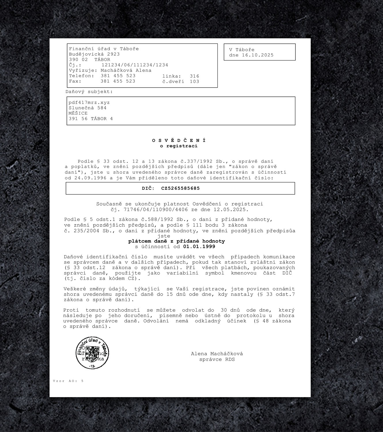 Czech Republic VAT Certificate PSD Template 2026