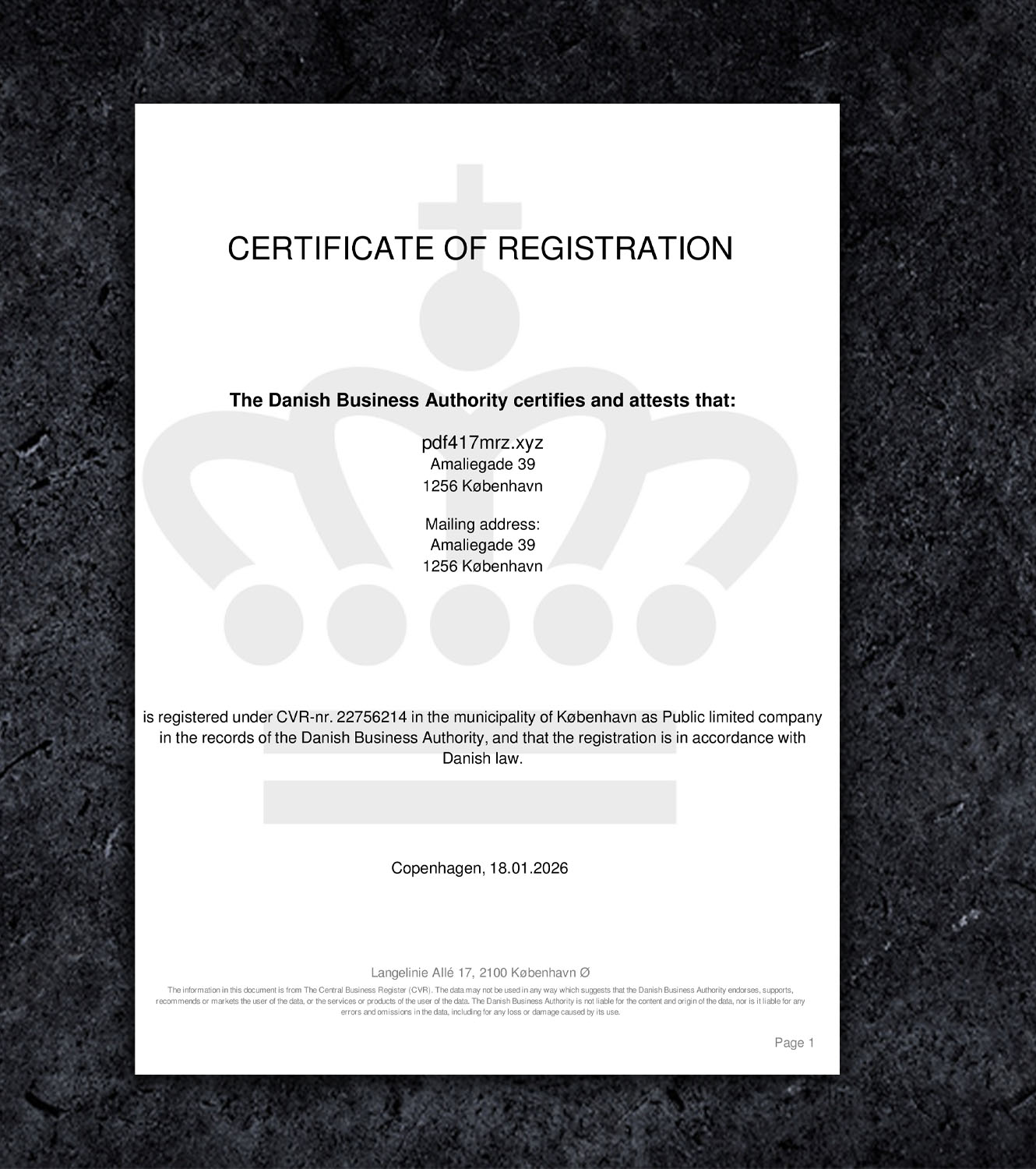 Denmark Certificate of Incorporation BL Business License PDF Template