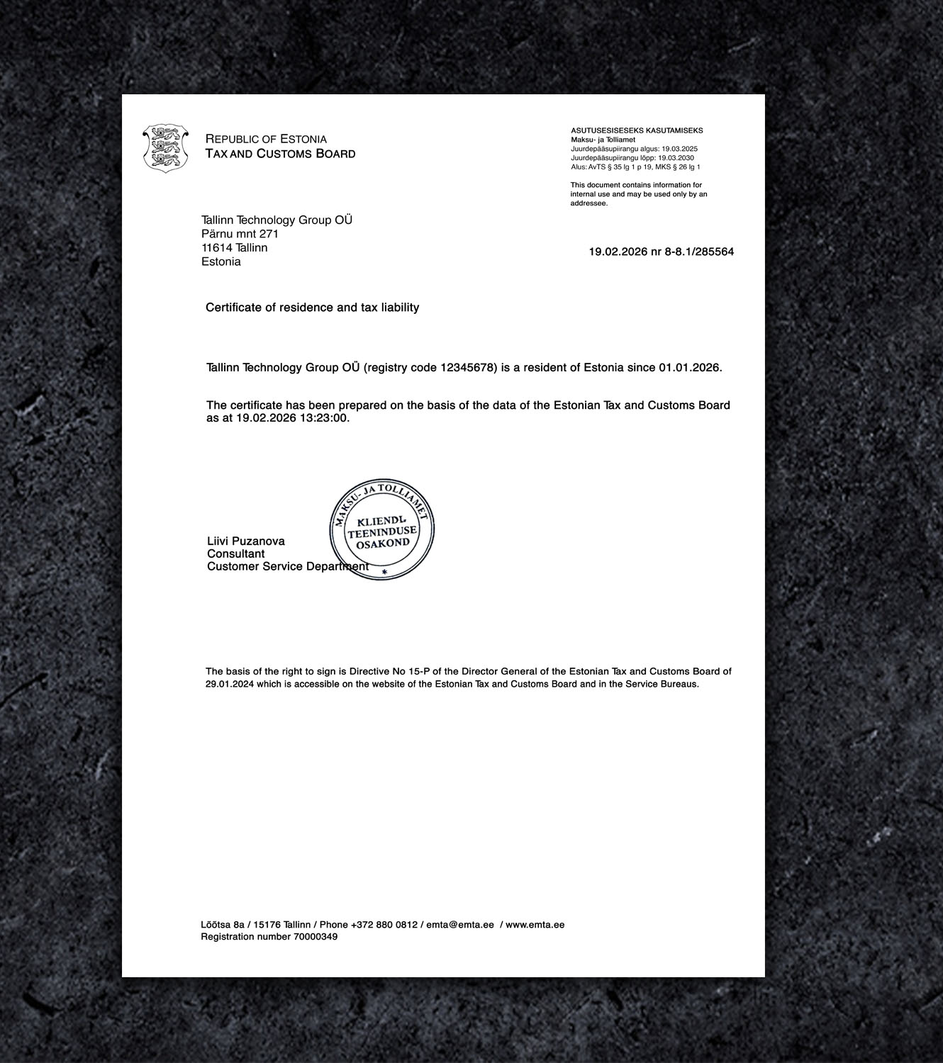 Estonia Certificate of Incorporation BL Business License PDF Template