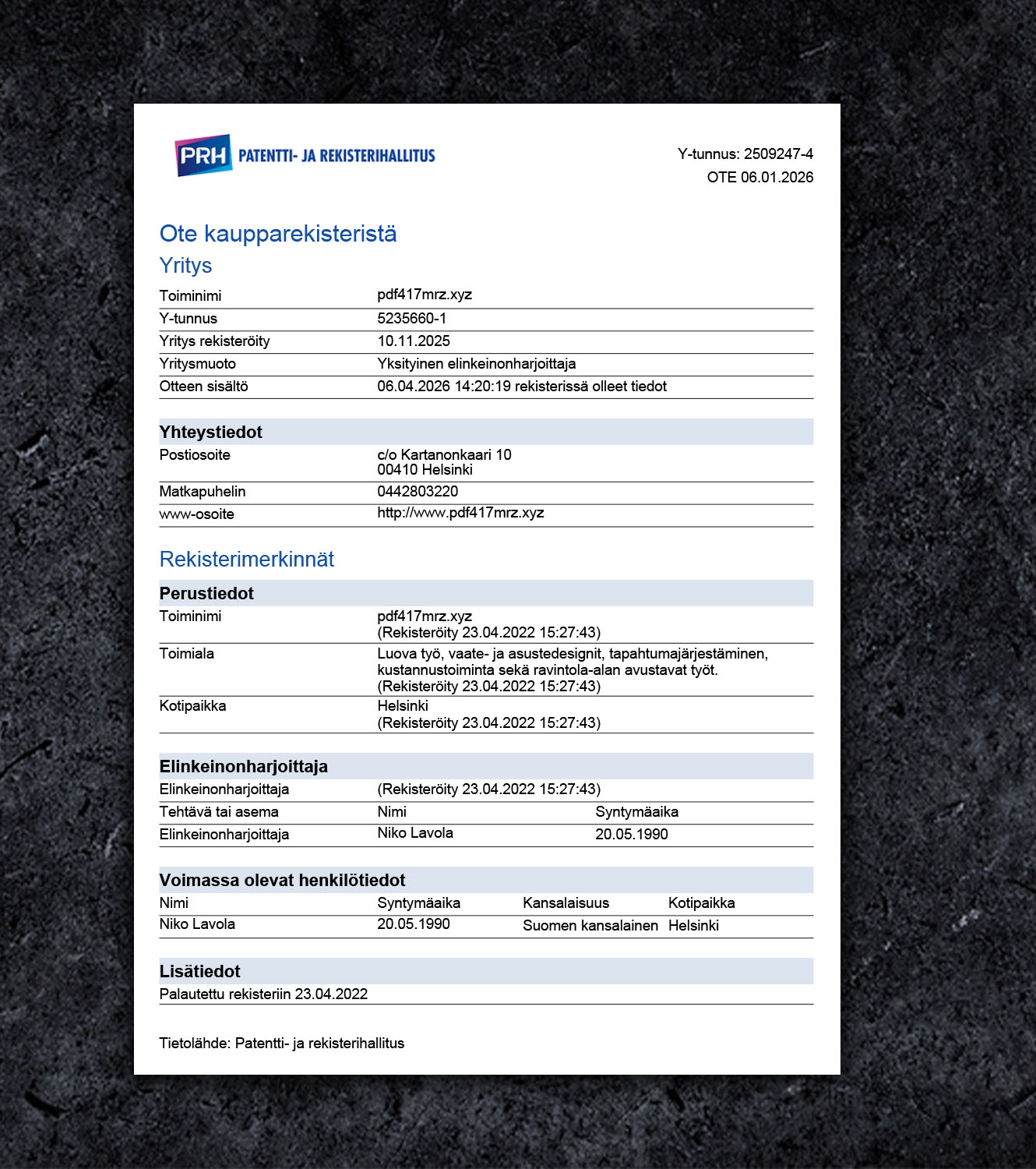 Finland Certificate of Incorporation BL Business License PDF Template