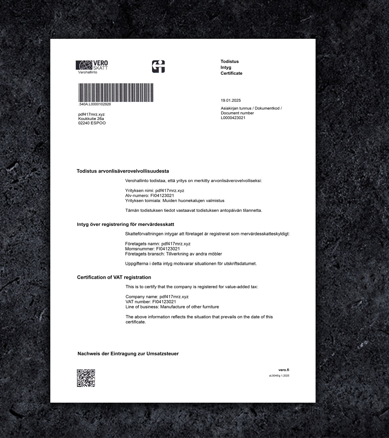 Finland VAT Certificate PDF Template