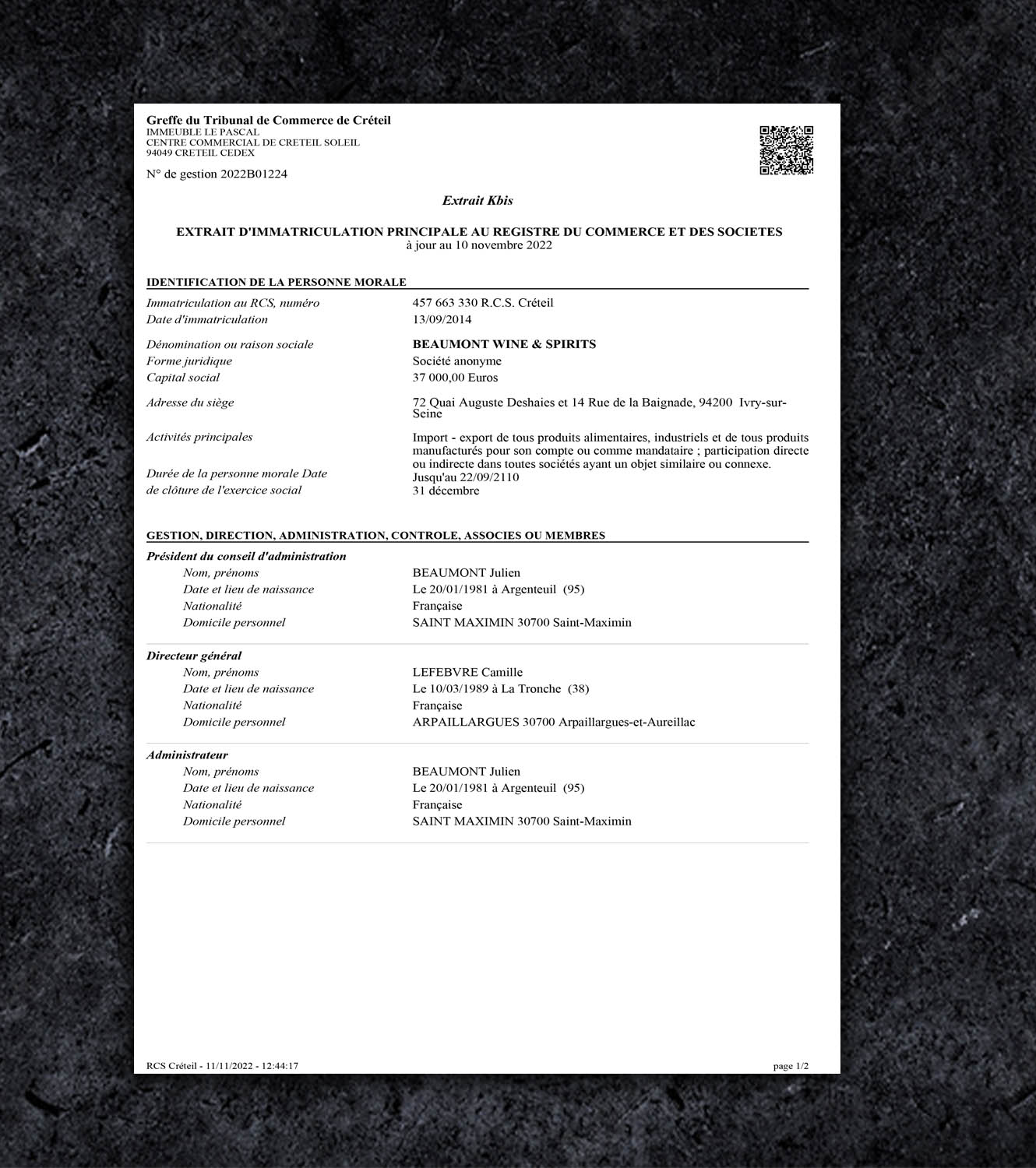 France Business Registry Extraction PDF Template - 2026