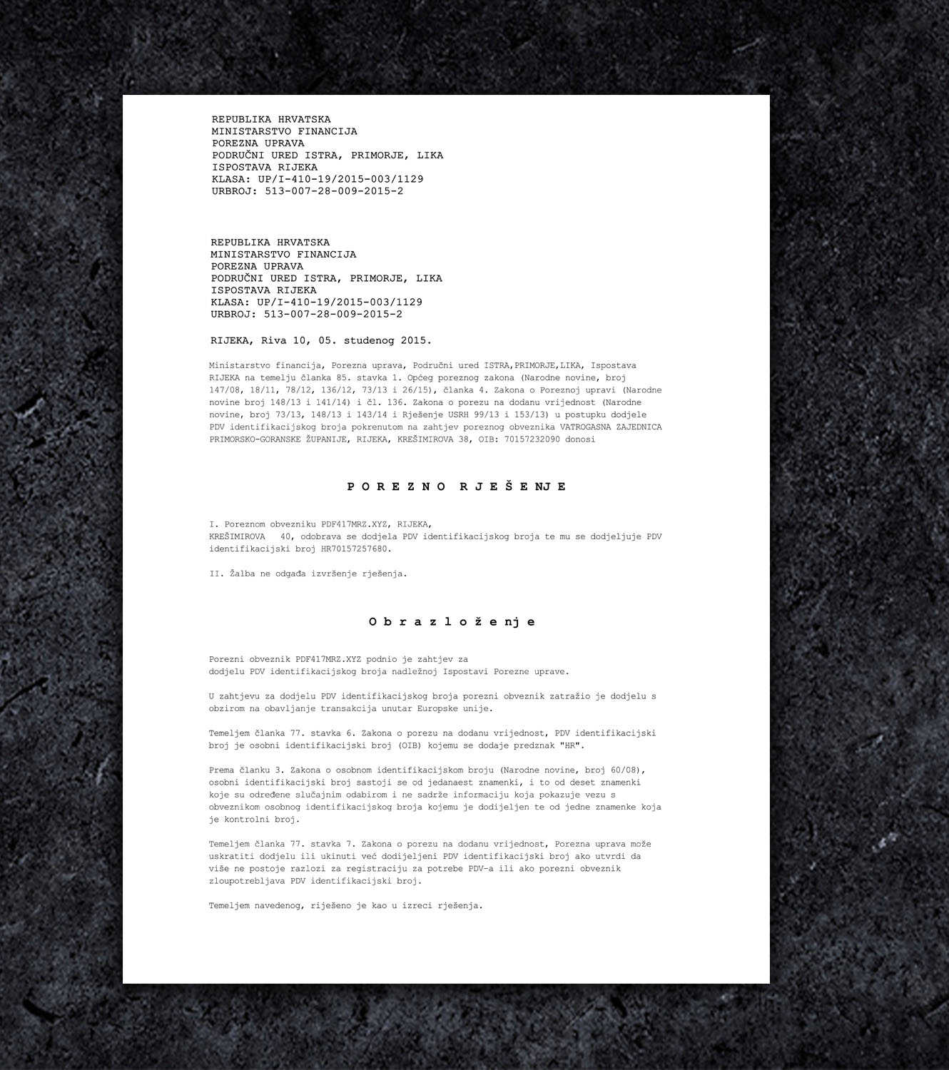 Croatia VAT Certificate PSD Template - 2026