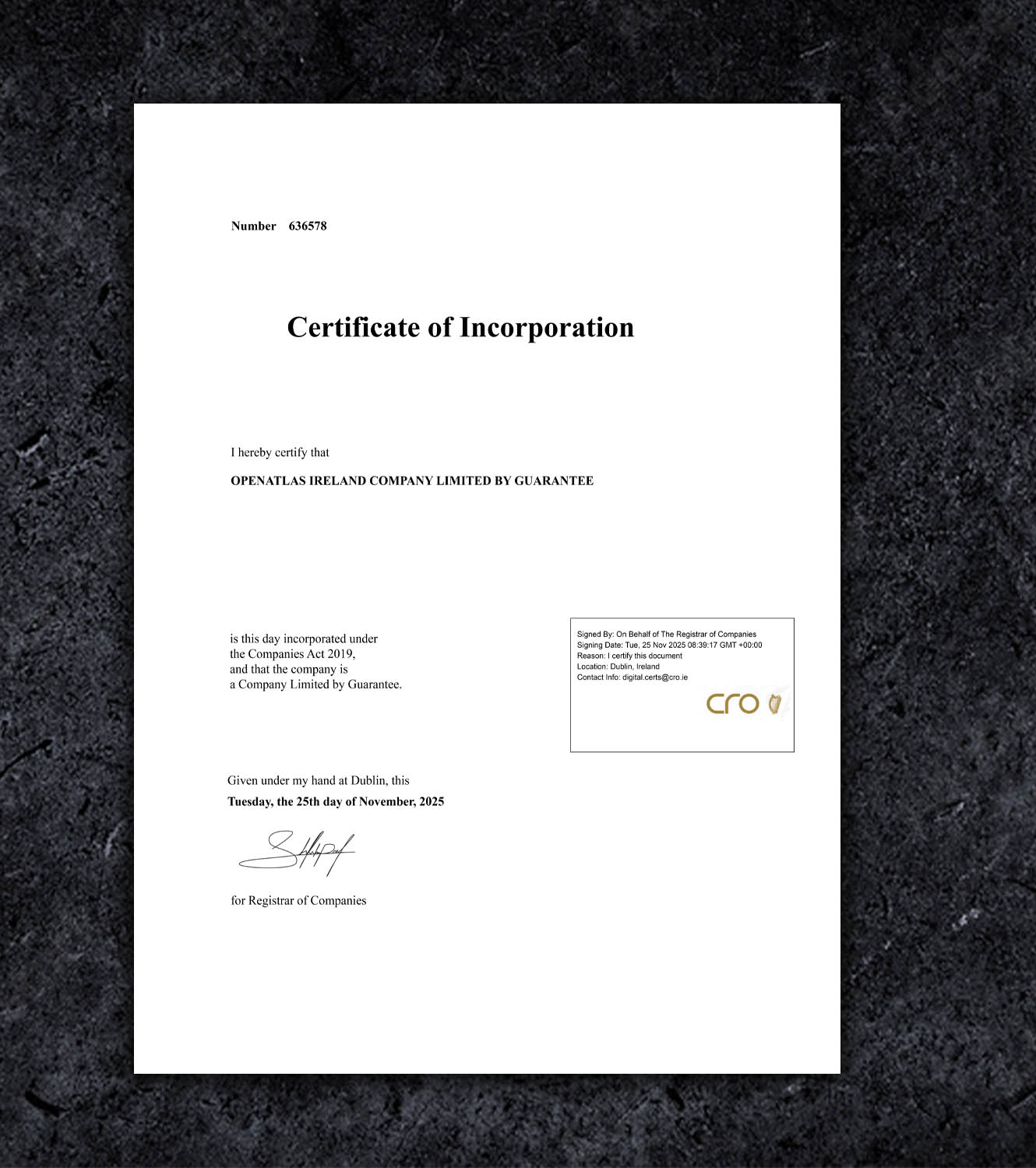 Ireland Certificate of Incorporation BL Business License PSD Template