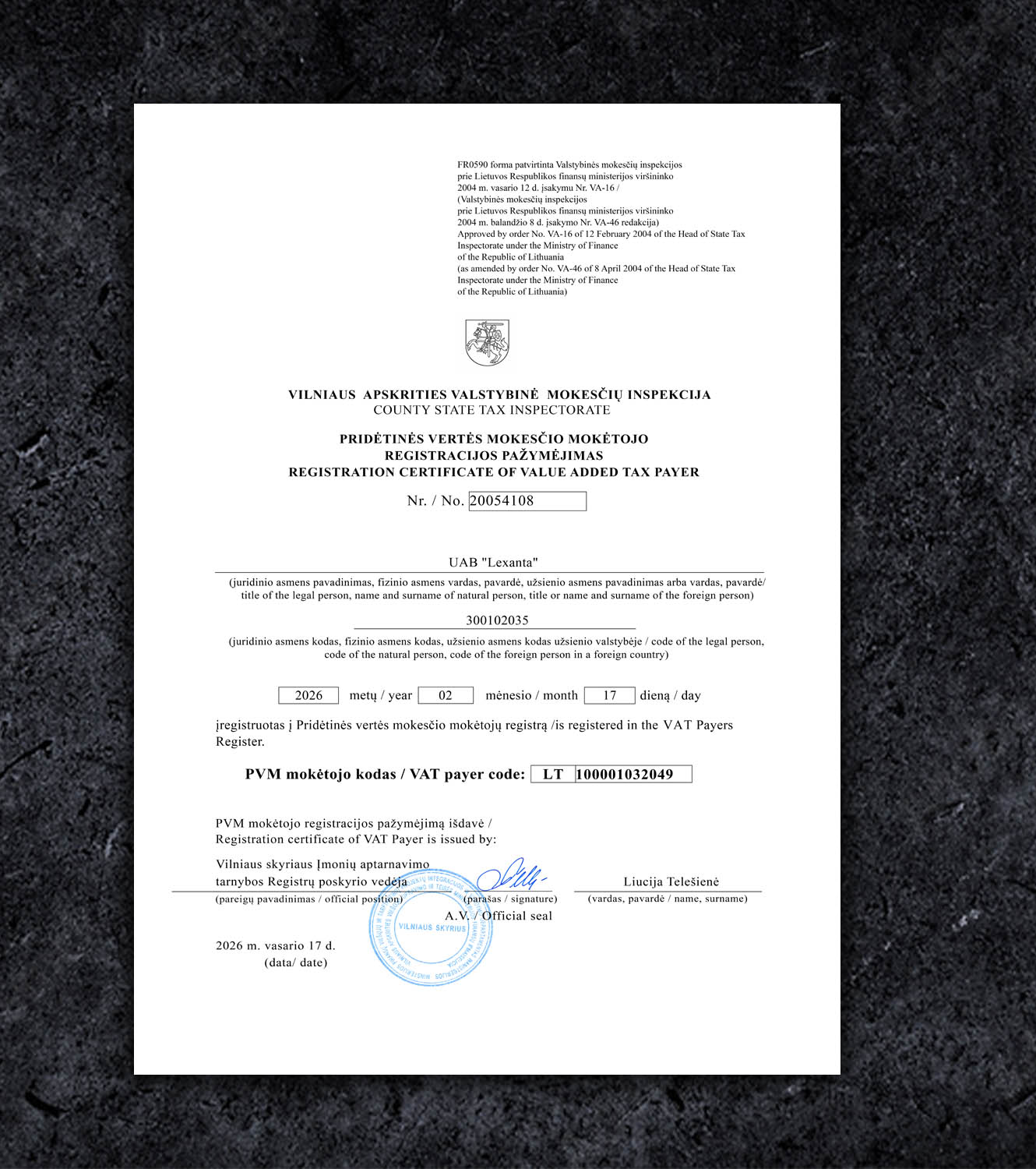 Lithuania VAT Certificate PDF Template - 2026