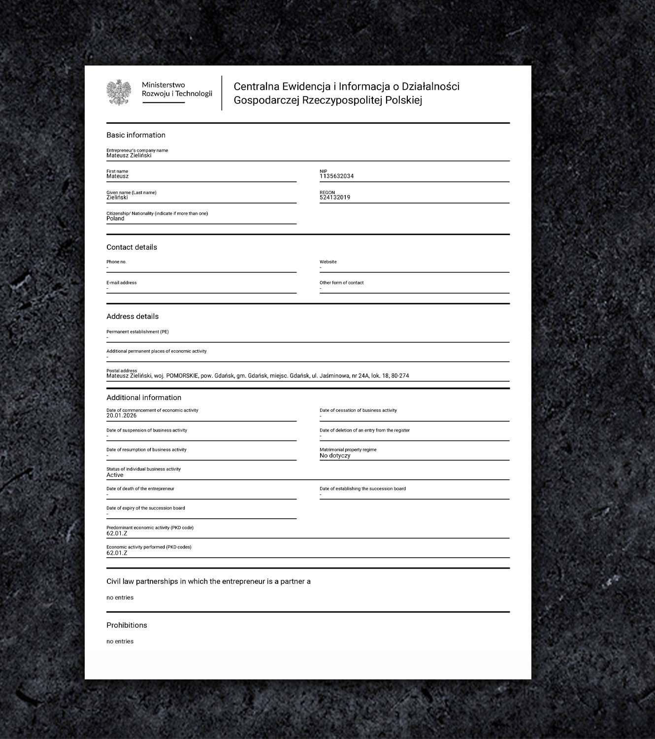 Poland Certificate of Incorporation BL Business License PDF Template