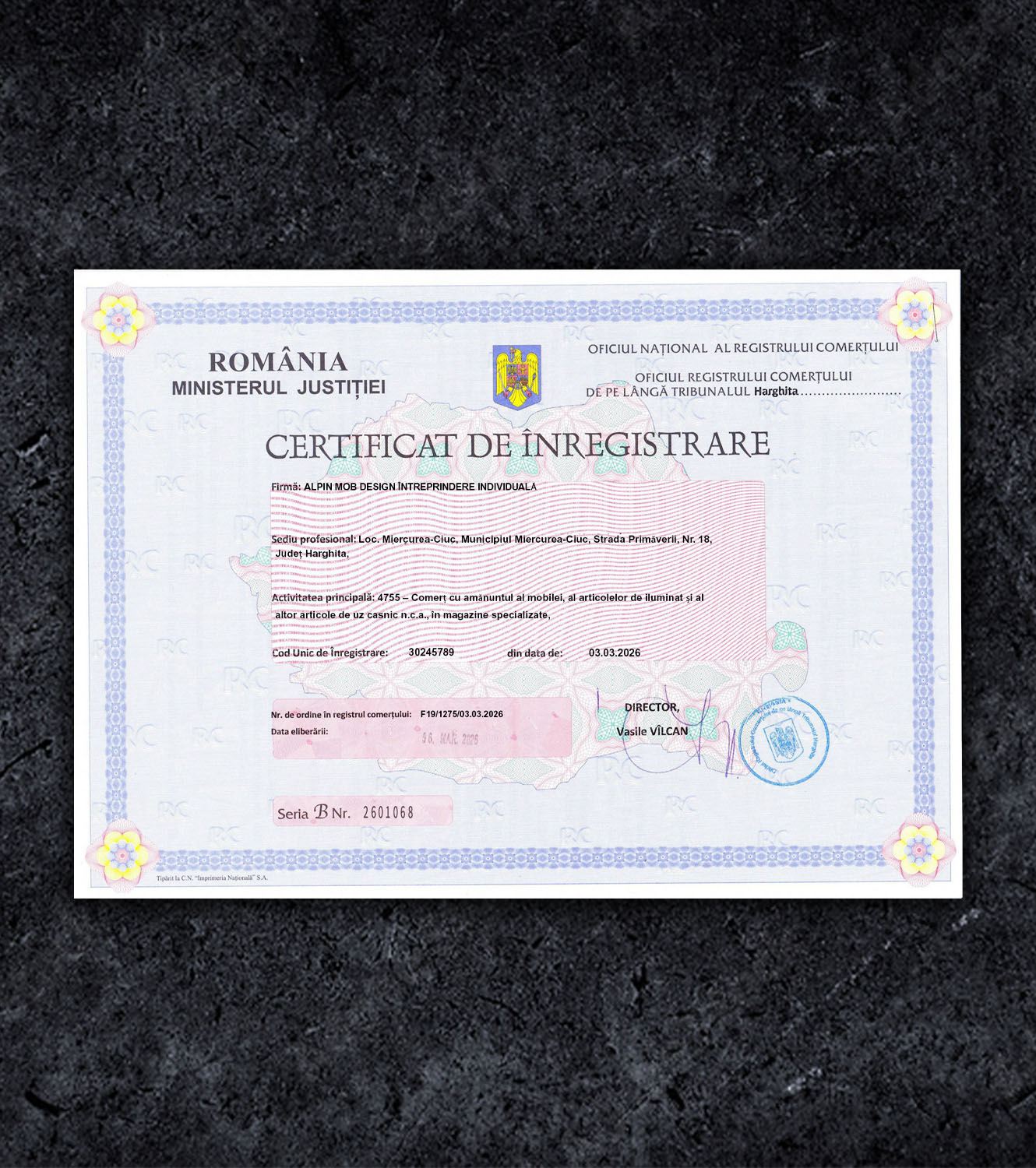 Romania Certificate of Incorporation BL Business License PSD Template