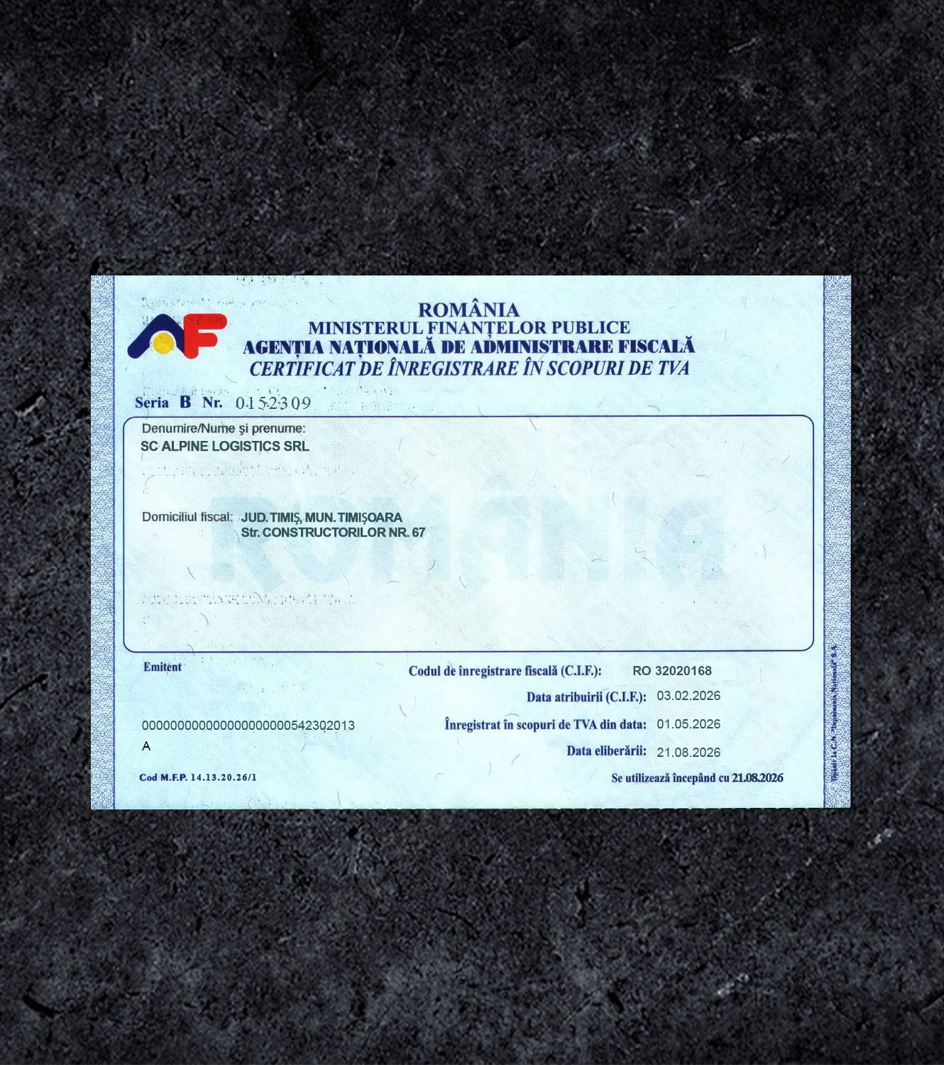 Romania VAT Certificate PSD Template - 2026
