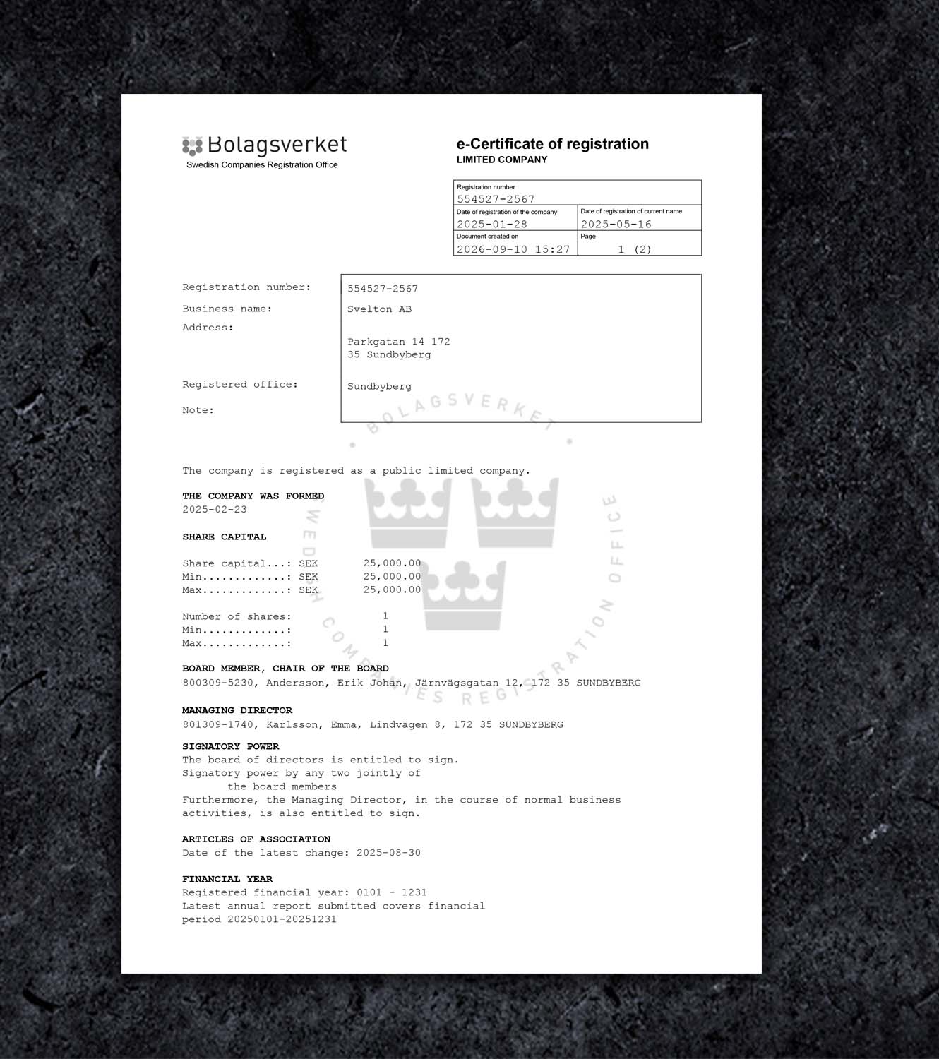 Sweden Certificate of Incorporation BL Business License PDF Template
