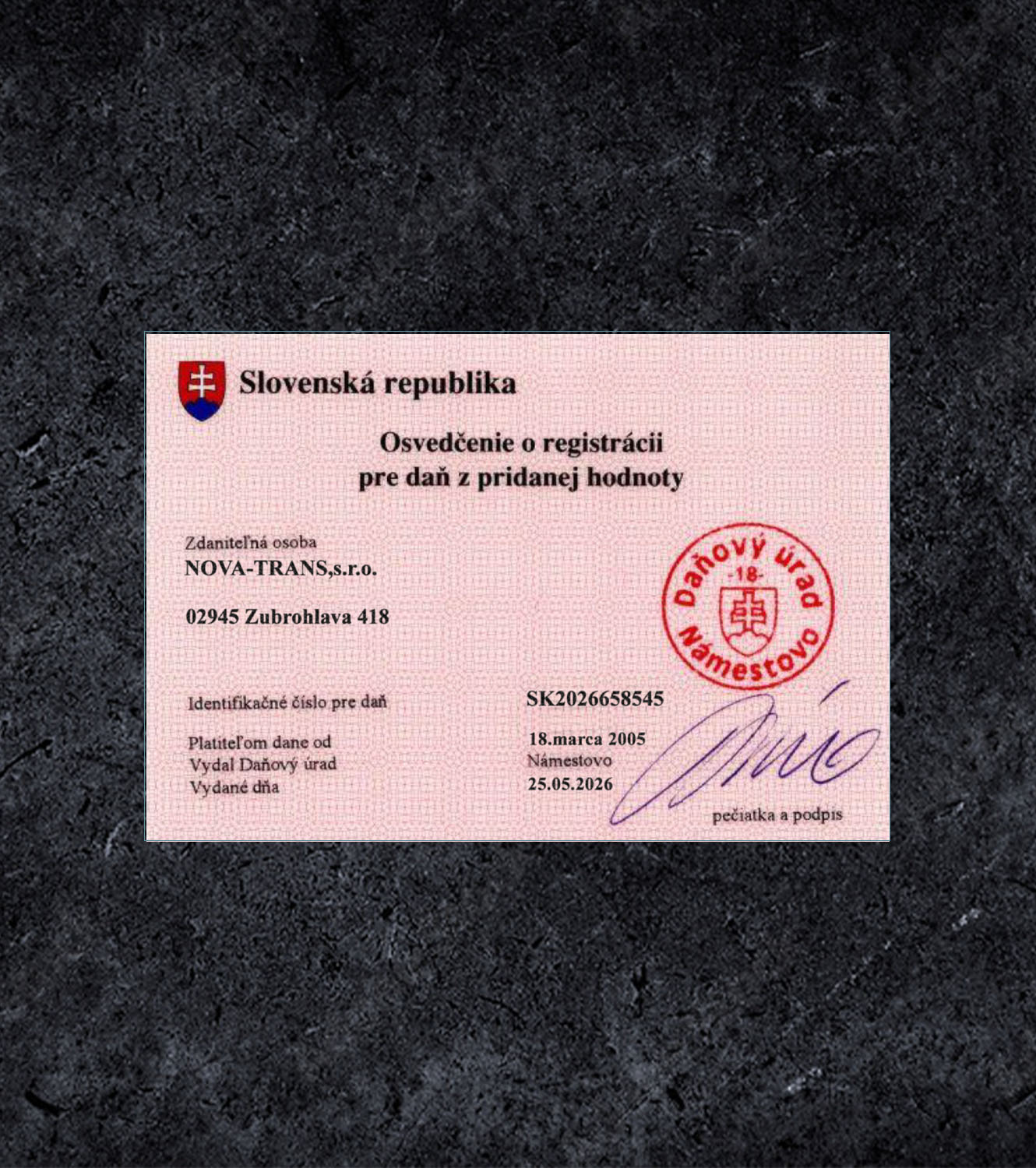Slovakia VAT Certificate PSD Template - 2026