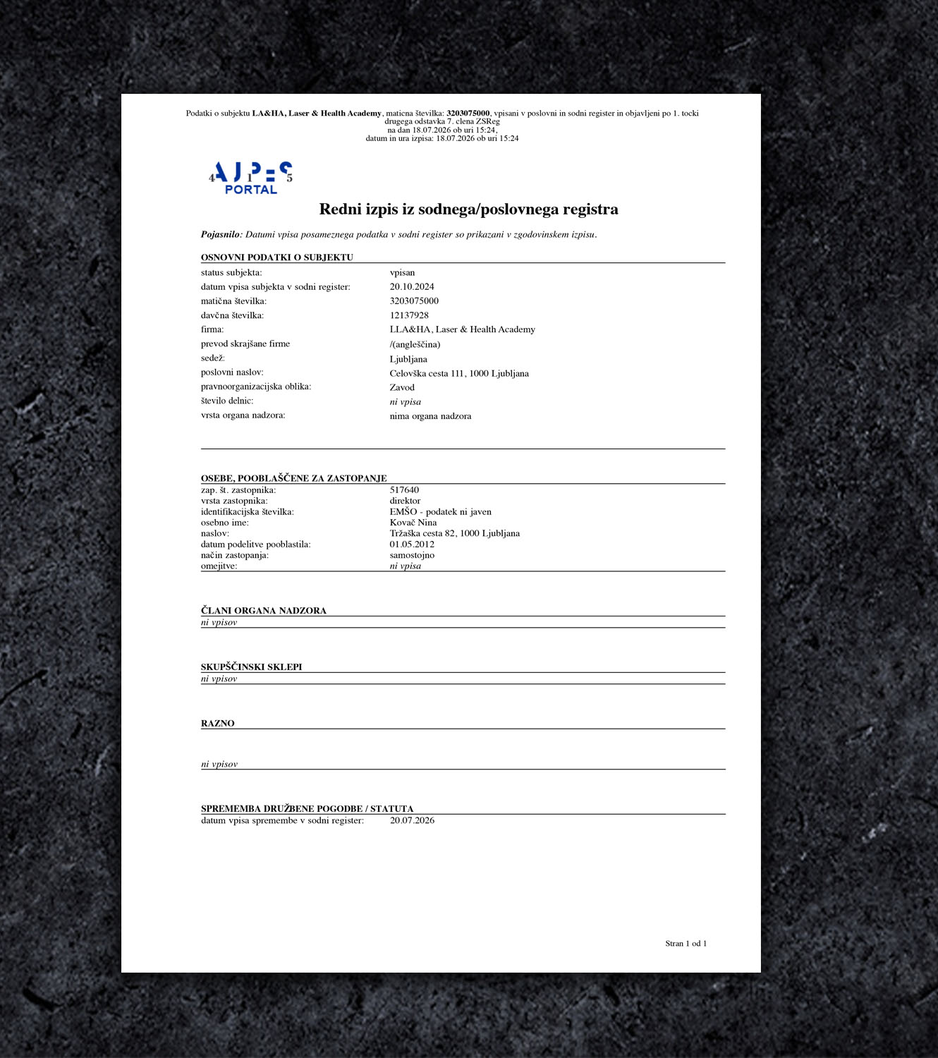 Slovenia Certificate of Incorporation BL Business License PDF Template