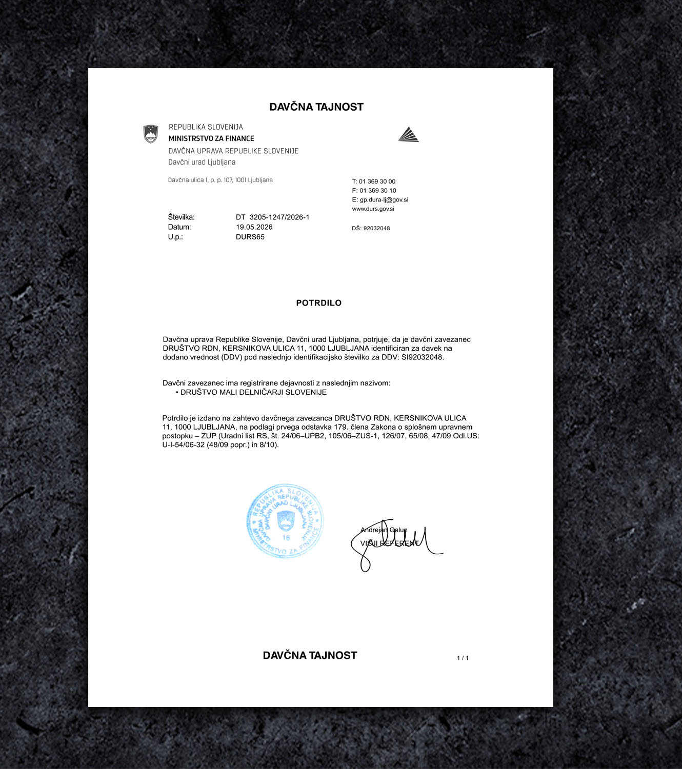 Slovenia VAT Certificate PSD Template - 2026